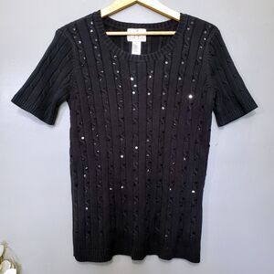 Quacker Factory Black Sweater Womens Size Small Short Sleeve Knit Sequin QVC
